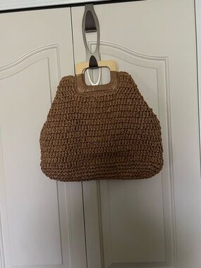 NWOT Woven Brown Tote Bag with Wooden Handles
